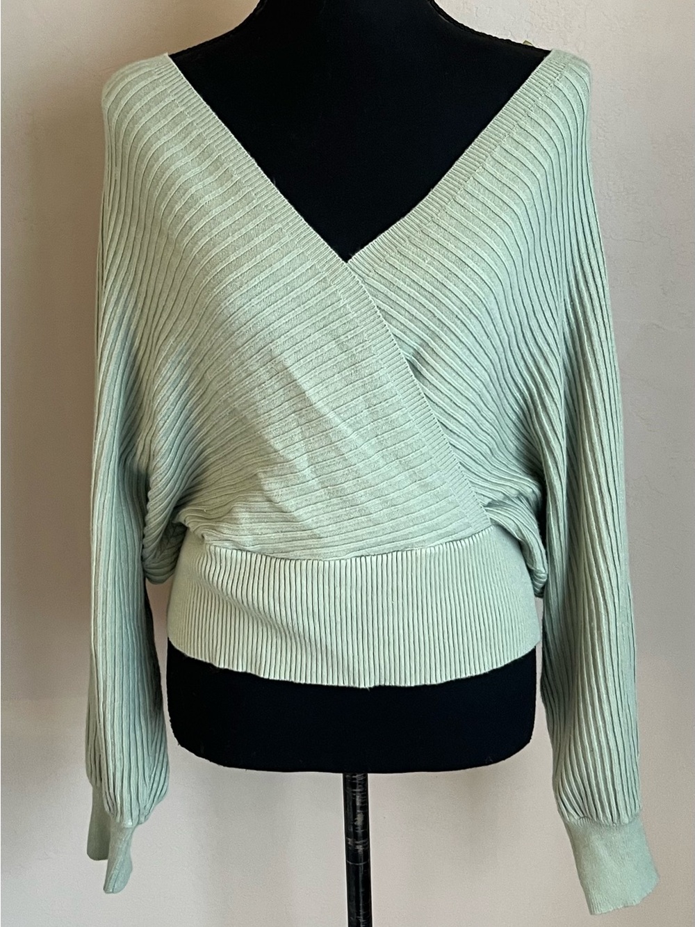 Sage green Ribbed Wrap V-Neck Women's Sweater